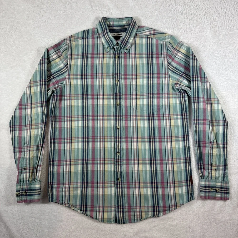 Ben Sherman Men's Plaid‎ Multicolor Medium Long Sleeve Button Up 100% Cotton